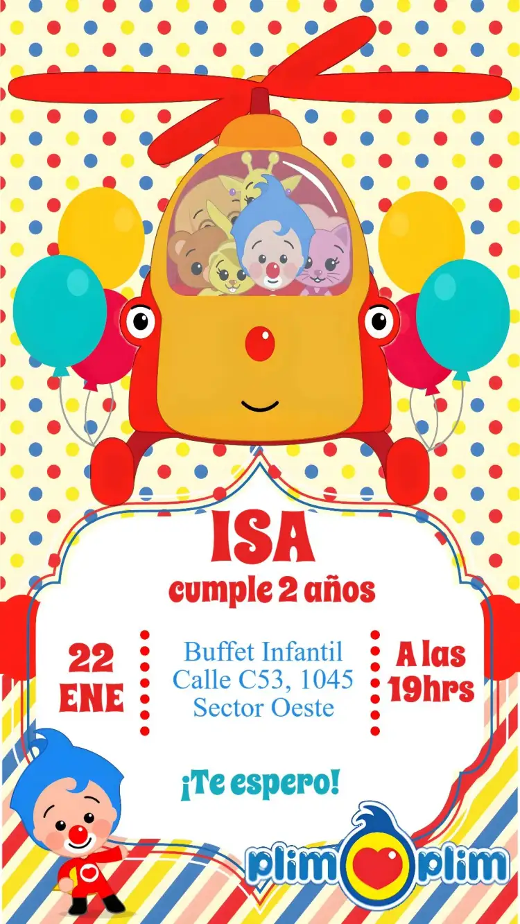 Invitación Plim Plim – tema Cumpleaños Infantil colorido, divertido, lúdico, femenino, moderno