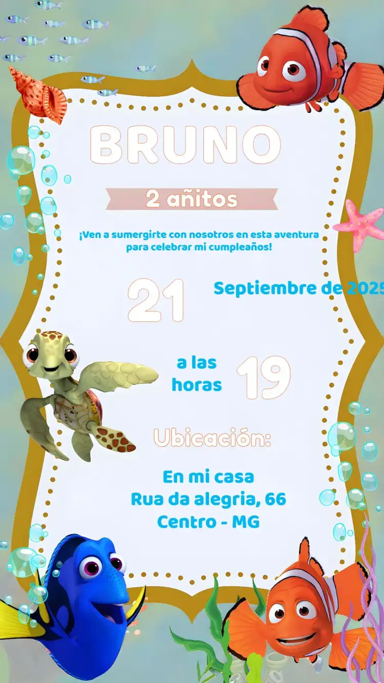 Invitación Buscando A Nemo Niño – tema Cumpleaños Infantil azul marino, elementos marinos, ilustraciones lúdicas, estilo divertido, tema acuático