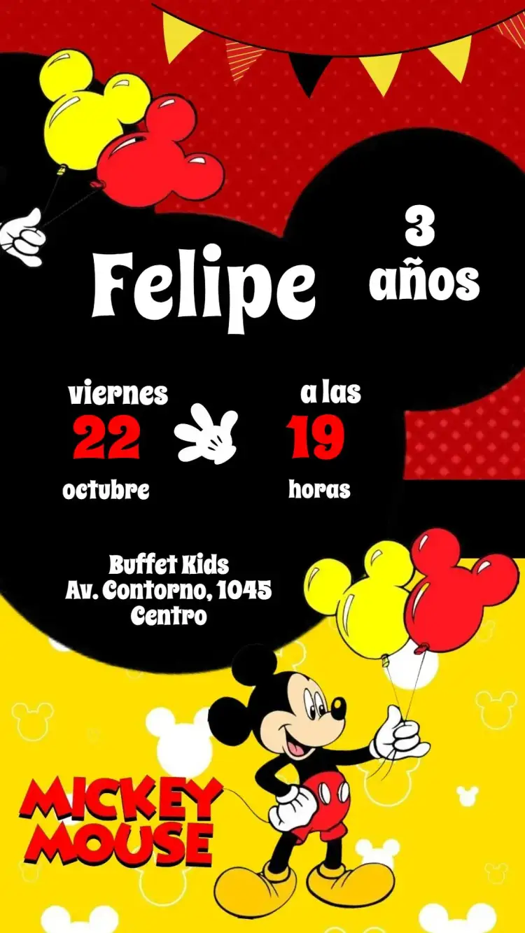 Invitación Mickey – tema Cumpleaños Infantil colorido, divertido, infantil, temático, vibrante, Disney