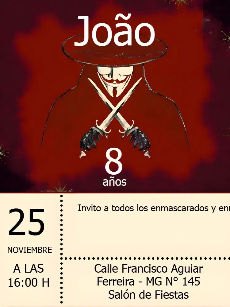 Invitación V De Vinganza Rojo – tema Despedida de Soltera rojo y blanco, temática de venganza, elegante, moderno, drama, fantasía