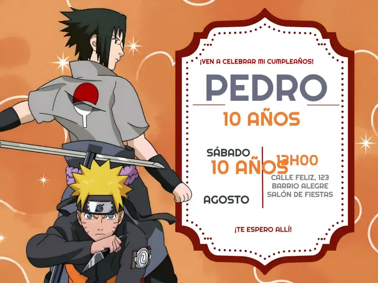 Invitación Naruto Niño – tema Cumpleaños Infantil anime, ninja, colorido, divertido, moderno