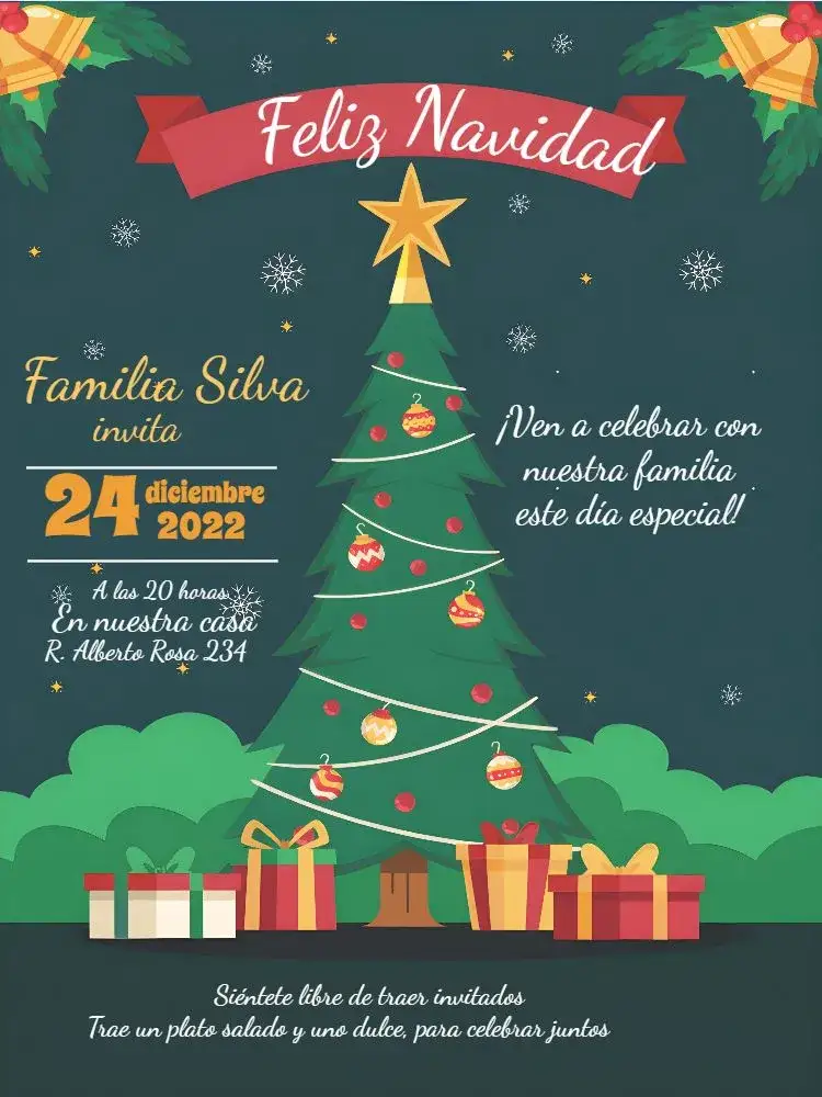 Invitación Para Cena De Navidad Nieve – tema Fechas Conmemorativas azul, verde, dorado, rojo, nieve, festivo