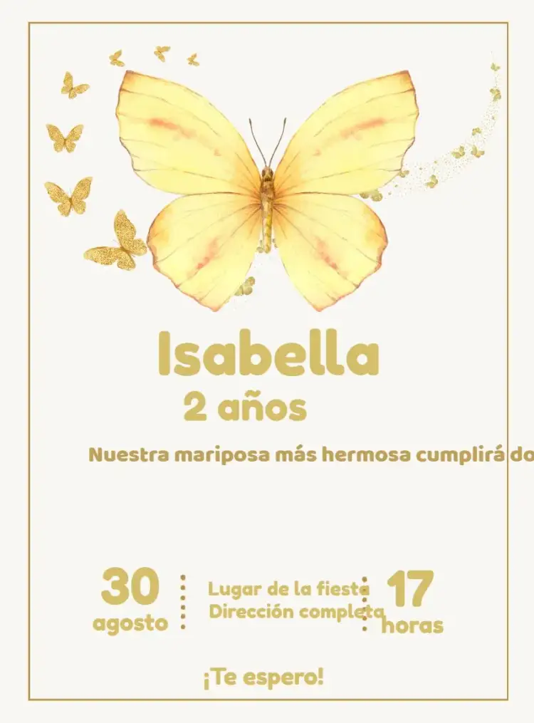 Invitación Mariposa Amarilla Encantada – tema Cumpleaños Infantil jardín encantado, colorido, dorado, infantil, floral