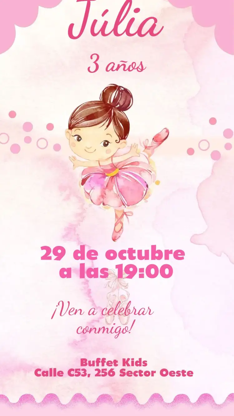 Invitación Bailarina – tema Cumpleaños Infantil tonos suaves, temática de ballet, ilustraciones delicadas, elementos de baile, estilo encantador, toques femeninos