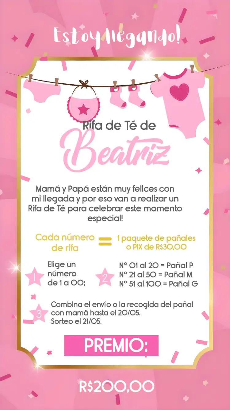 Invitación Té Rifa Tendedero De Ropa Corazón – tema Té Rifa rosa, dorado, delicado, infantil, festivo, amoroso