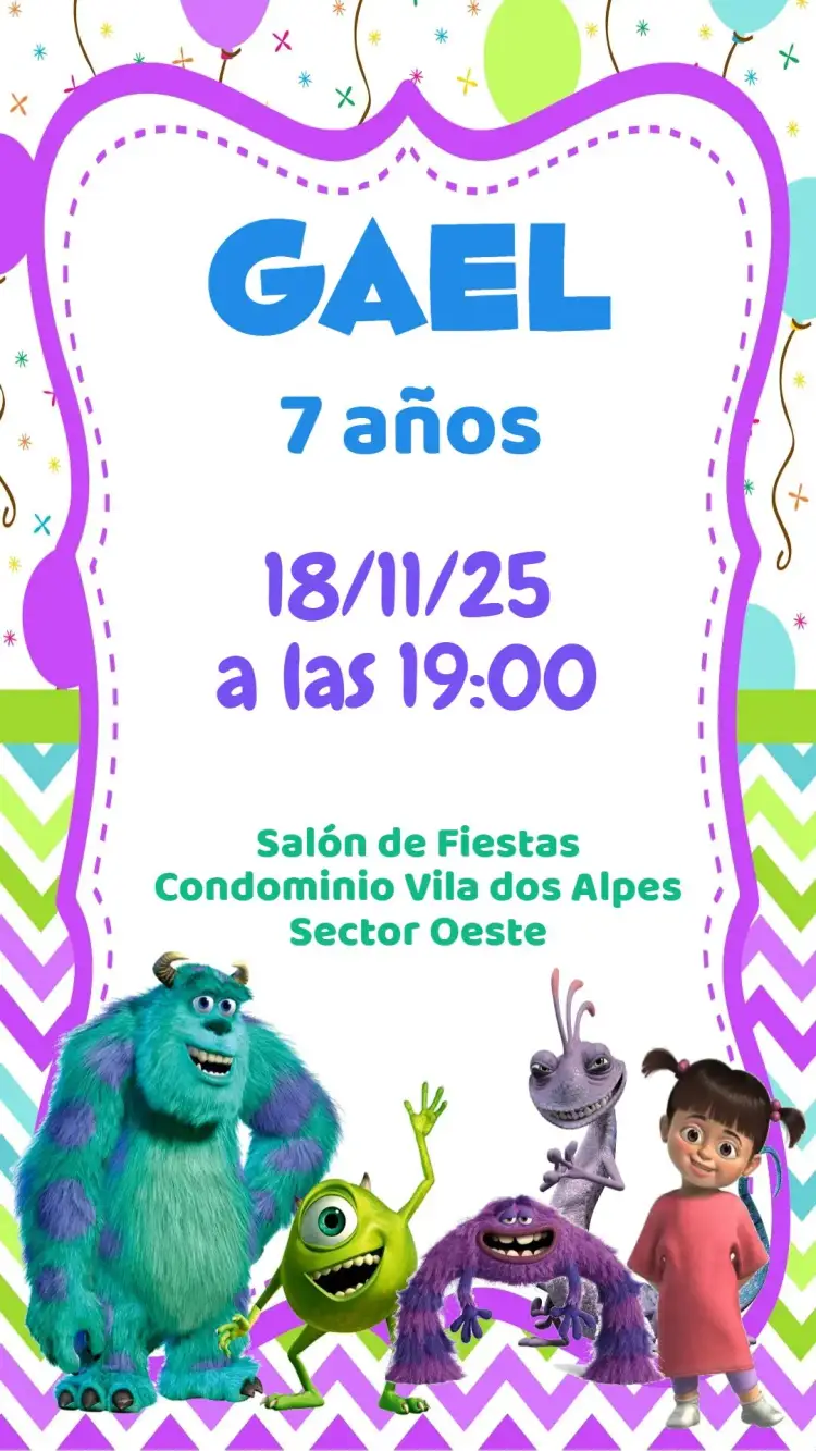Invitación Monstruos S.A. – tema Cumpleaños Infantil colorido, divertido, lúdico, temático, infantil, animado