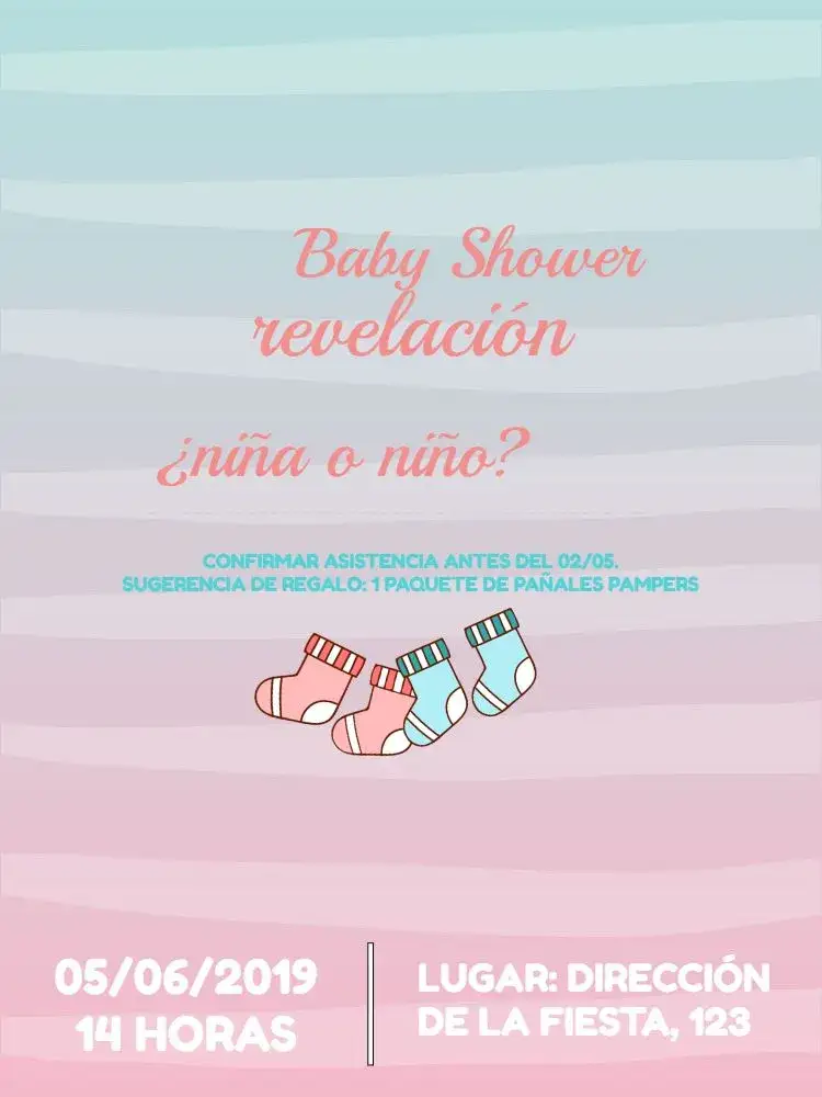 Invitación Baby Shower Revelación Medias – tema Revelación Bebé rosa y azul, rayas, corazones, infantil, moderno