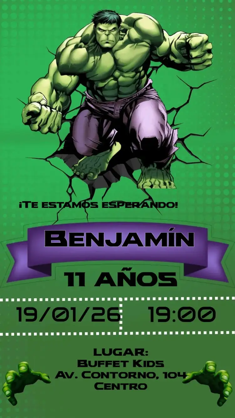Invitación Hulk – tema Cumpleaños Infantil colorido, aventura, superhéroes, dinámico, divertido, juvenil