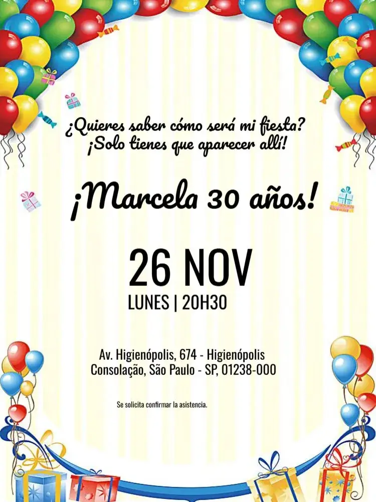 Invitación Globos de colores para adultos editables