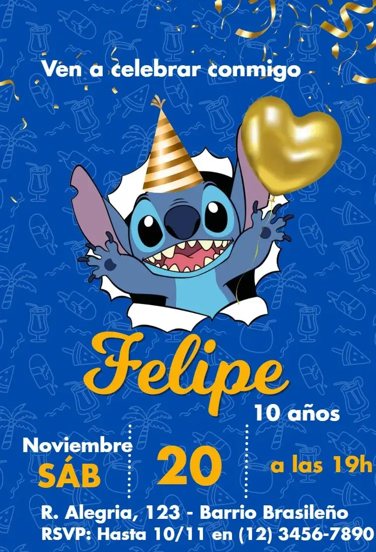 Invitación Stitch Azul y Dorado