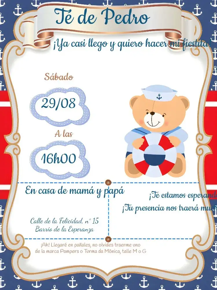 Invitación Baby Shower Oso Marinero Dorado