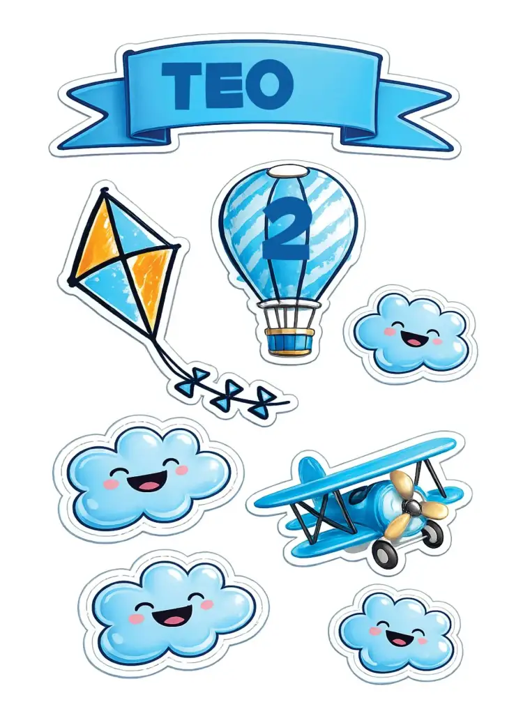 Invitación Aviador – tema Topper de torta aviación, nubes, azul claro, divertido, lúdico, moderno