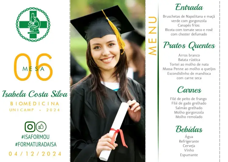 Invitación Menú Triángulo Graduación de Biomedicina con Foto de Graduación editable y personalizable