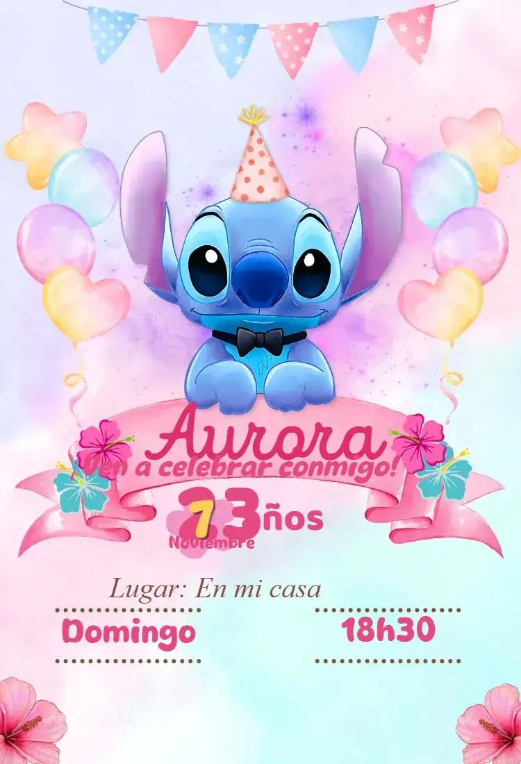 Invitación invitación digital de Stitch – tema Cumpleaños kawaii, colorido, divertido, moderno, infantil