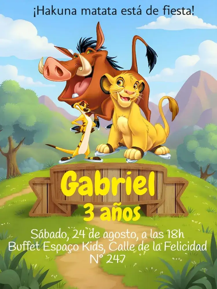 Invitación Rey León León – tema Cumpleaños Infantil colorido, forestal, animales, juvenil, temático, vibrante