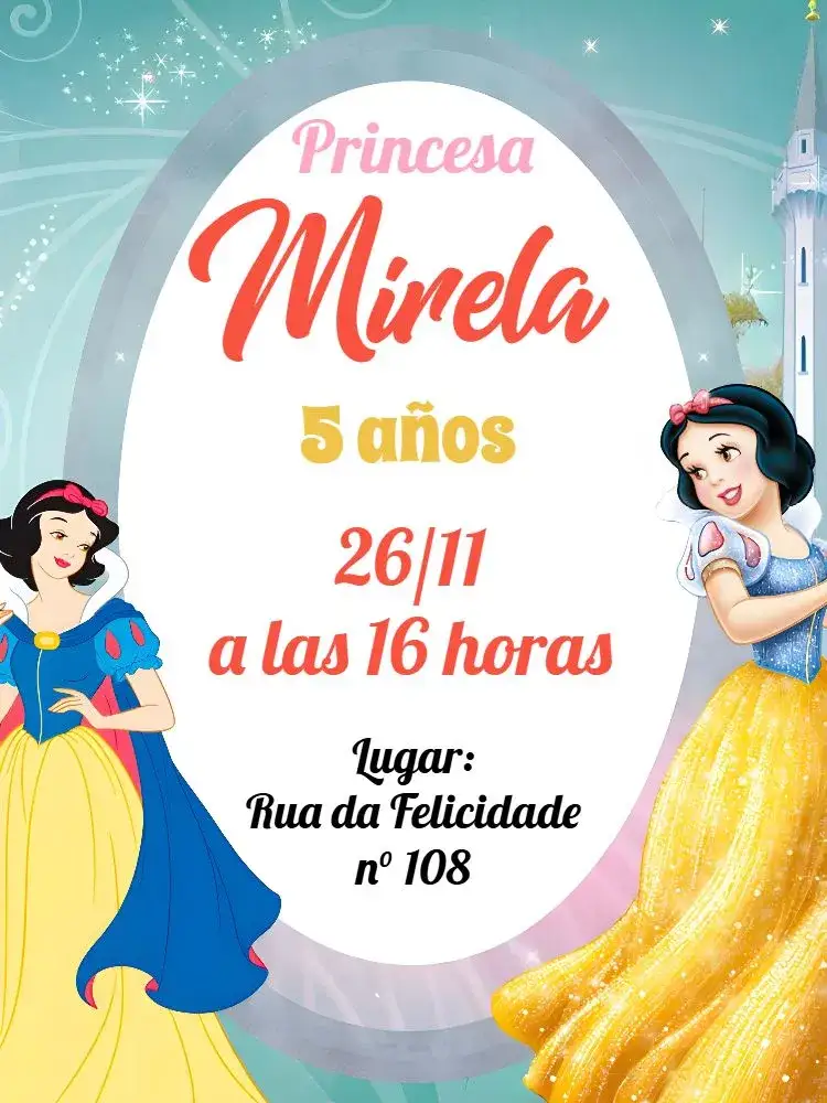 Invitación Blancanieves Princesas – tema Despedida de Soltera princesas, cuentos de hadas, colores pasteles, ilustraciones lúdicas, estilo infantil, diseño encantador