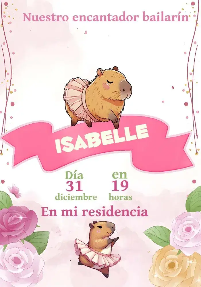 Invitación Bailarina Capivara Rosa – tema Cumpleaños Infantil rosa, divertido, lúdico, naturaleza, infantil, colorido