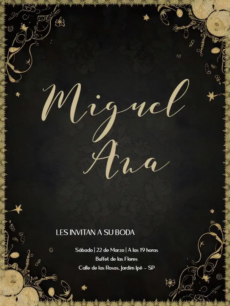 Invitación Boda Arabescos Negro – tema Boda clásico, elegante, dorado, negro, arabescos, lujoso