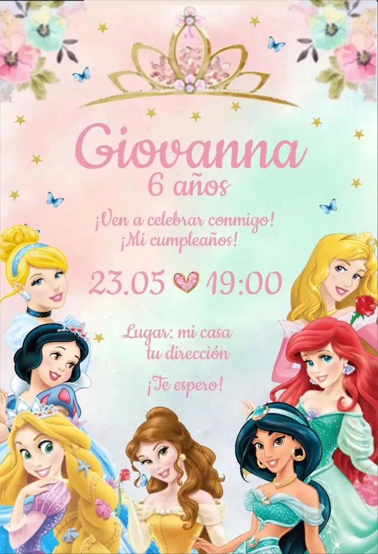 Invitación Princesas 1 – tema Cumpleaños acuarela, temática de Disney, colores pasteles, ilustraciones encantadoras, mágico, cuentos de hadas