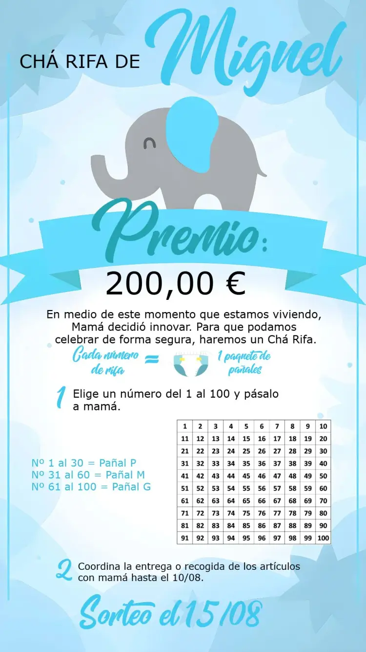 Invitación Baby Shower Rifa De Pañales Elefantito Azul Negro