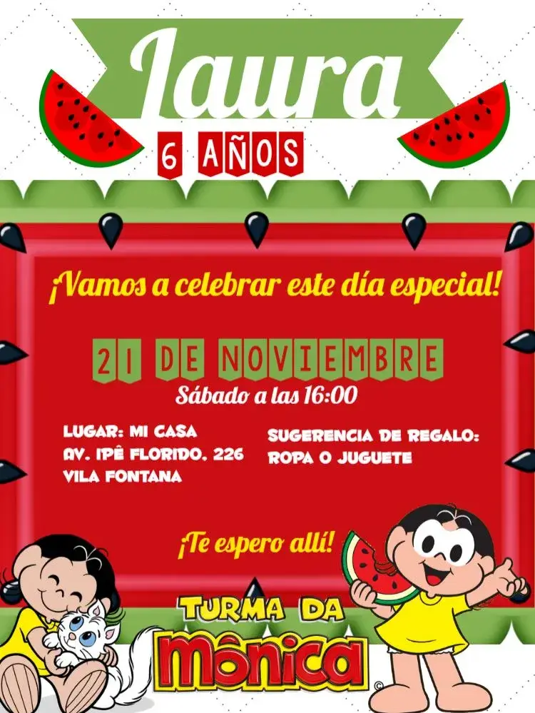 Invitación Turma Da Mónica Infantil editable y personalizable