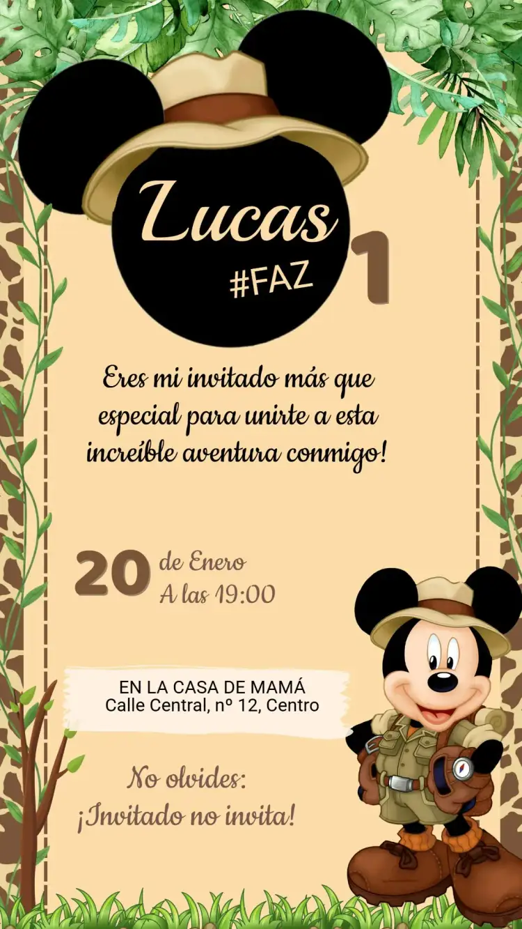 Invitación Invitación Cumpleaños Infantil Mickey Safari – tema Cumpleaños Infantil safari, colorido, divertido, infantil, natureza, lúdico