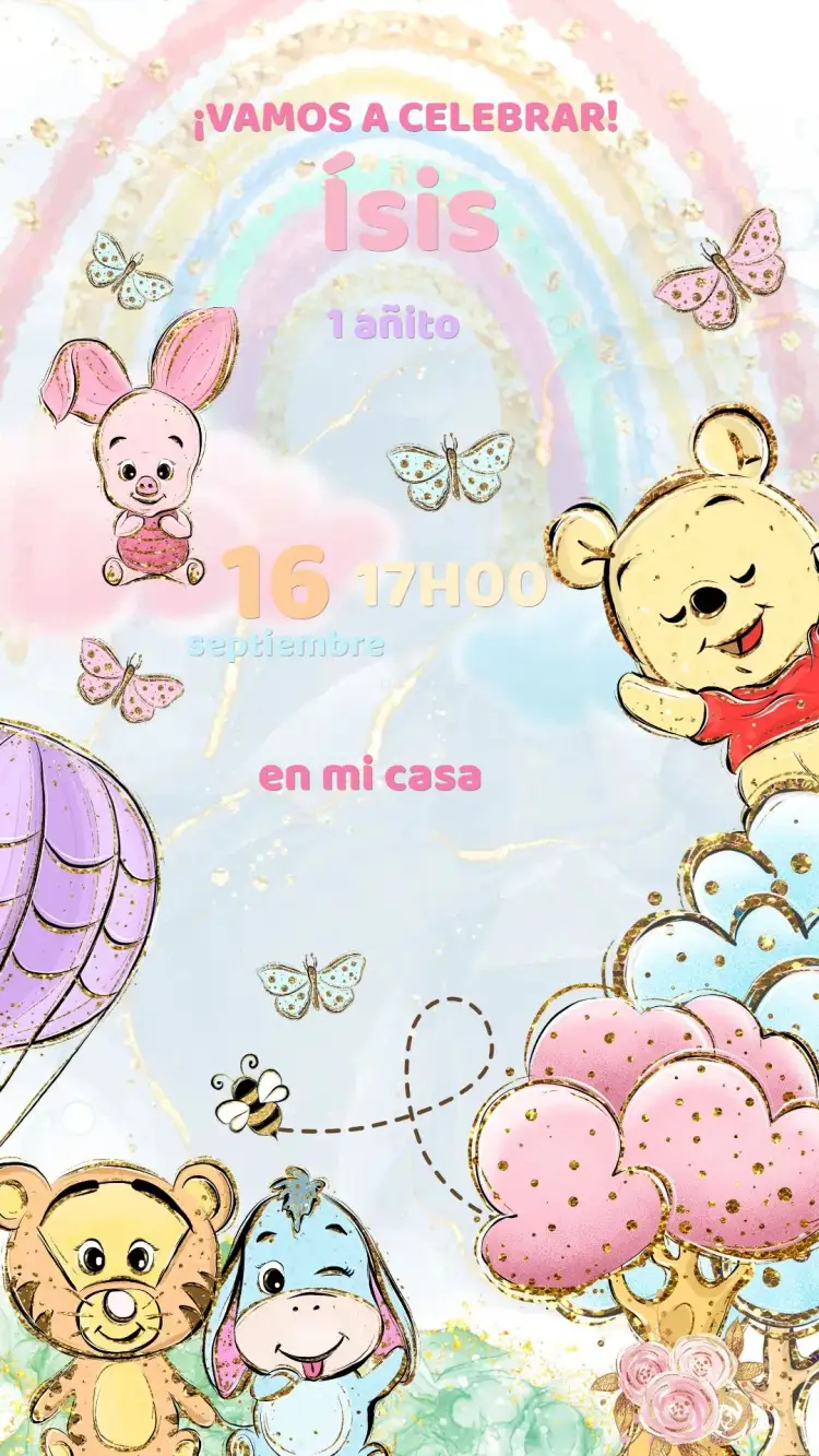 Invitación Invitación Cumpleaños Winnie the Pooh – tema Cumpleaños Infantil bosque, naturaleza, colores pasteles, ilustraciones infantiles, juguetón, acogedor