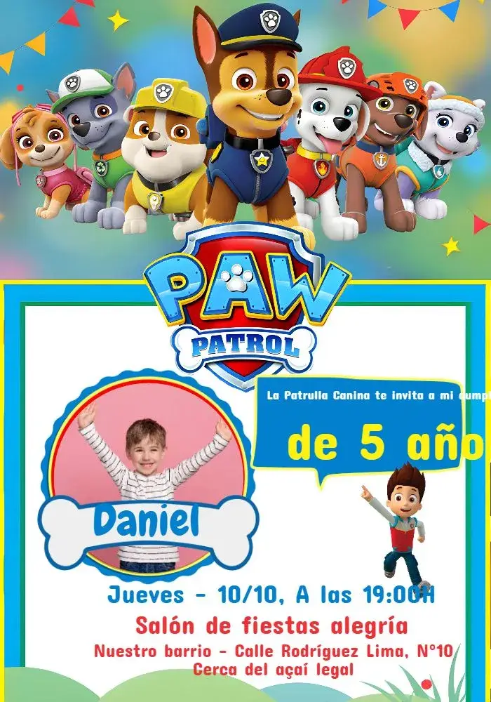 Invitación Patrulla Canina Con Foto Amarillo