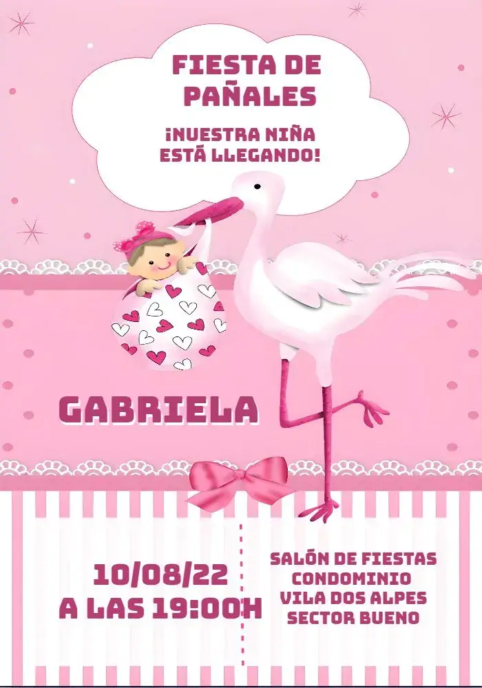 Invitación Baby Shower Stork Girl Pink
