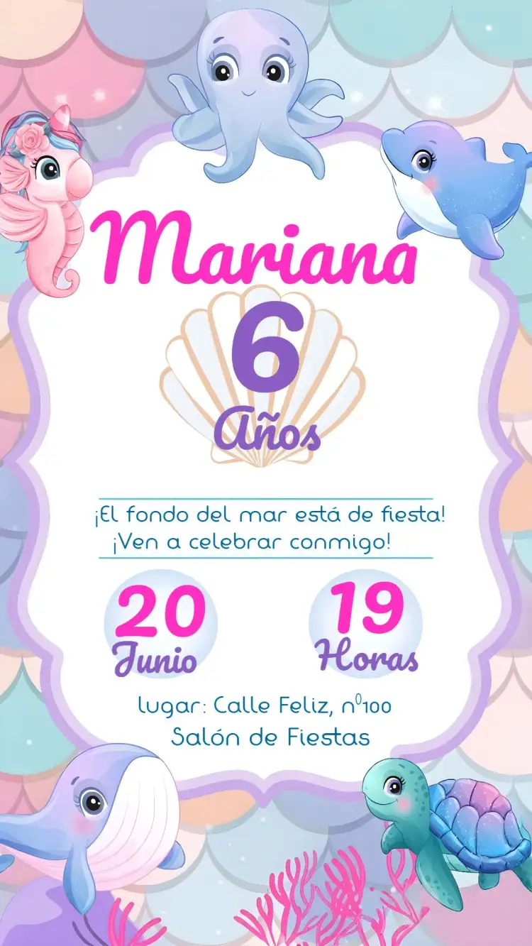 Invitación Fondo Del Mar Niña Tortuga – tema Cumpleaños Infantil fondo marino, colores vibrantes, estilo lúdico, elementos marinos, tropical, divertido