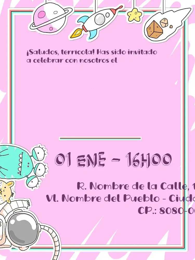 Invitación Virtual 1 Año - Astronauta Espacio – tema Baby Shower rosa, espacio, astronauta, delicado, tierno, brillo de las estrellas