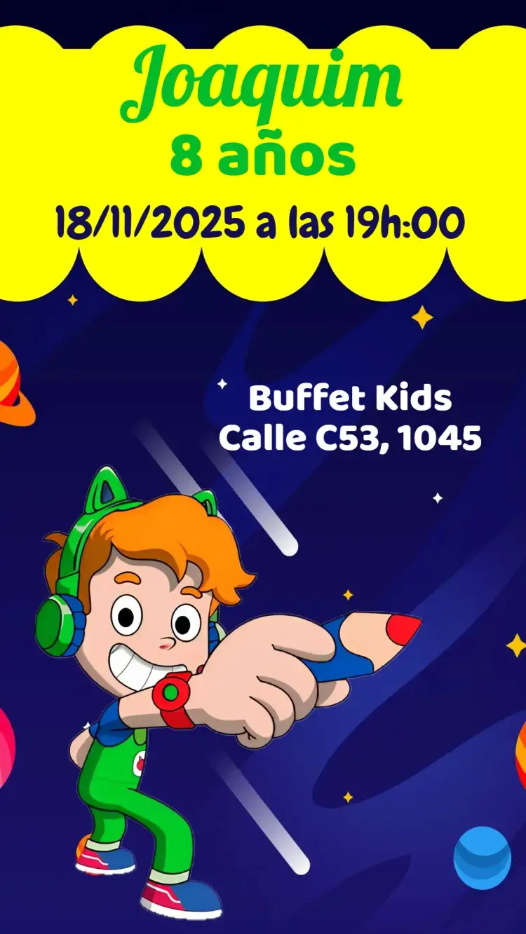 Invitación Gato Galáctico – tema Cumpleaños Infantil galáctico, colorido, divertido, lúdico, animales, moderno