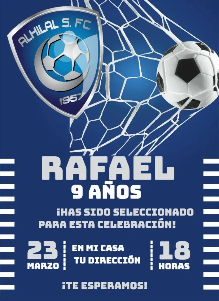 Invitación Al-hilal 1 – tema Cumpleaños fútbol, azul y blanco, moderno, deportivo, joven, vibrante