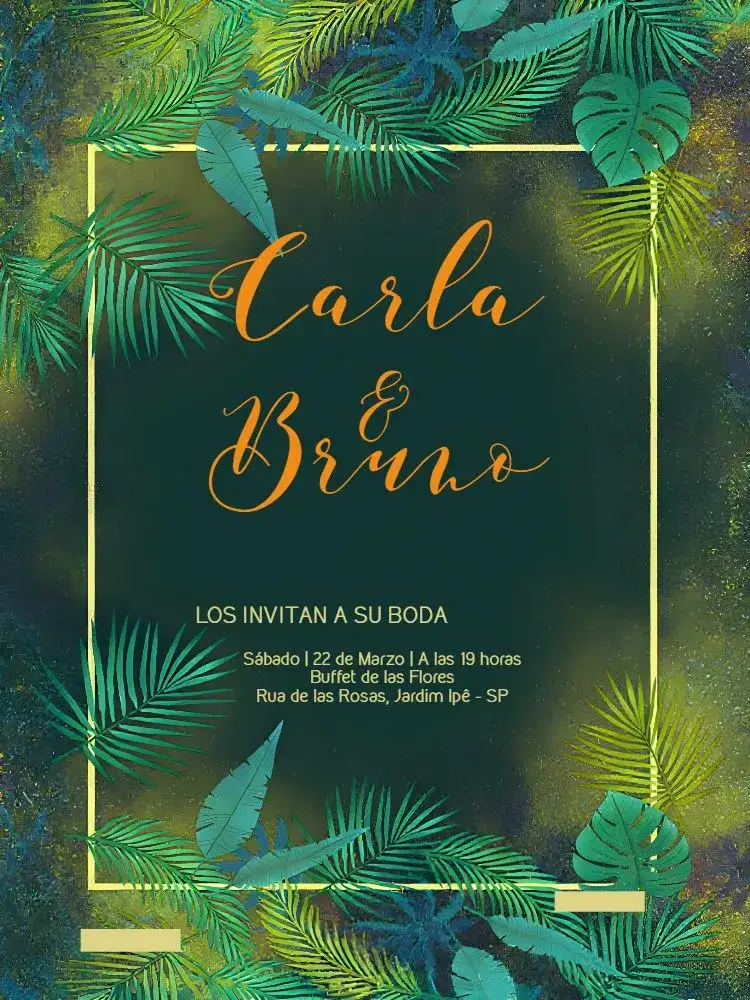 Invitación Boda Follaje Negro – tema Boda vegetación, minimalista, moderno, elegante, negro y verde