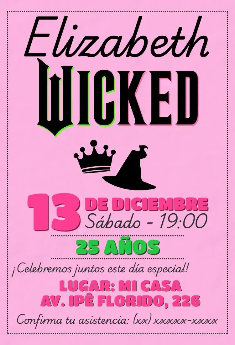 Invitación Cumpleaños Wicked Glinda – tema Cumpleaños vibrante, mágico, teatral, colorido, moderno