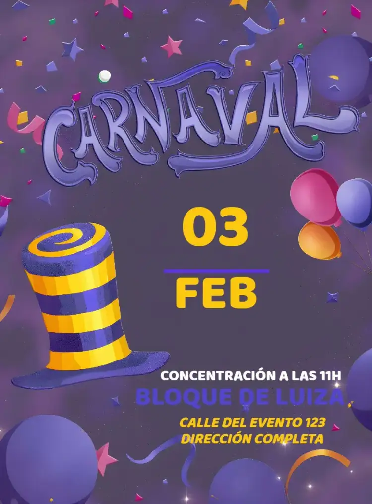 Invitación Bloco De Carnaval – tema Fechas Conmemorativas colorido, vibrante, festivo, tropical, alegre, divertido