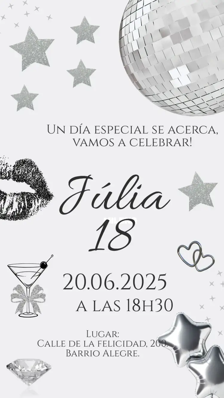 Invitación Aniversario Plata Brillo 18 años – tema Cumpleaños plata, brillantina, glamuroso, disco, moderno, elegante