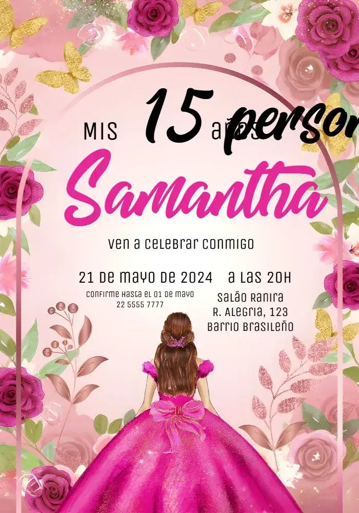 Invitación Vestido De 15 Anos Princesa – tema 15 años rosa, brillantina, floral, elegante, moderno, princesa