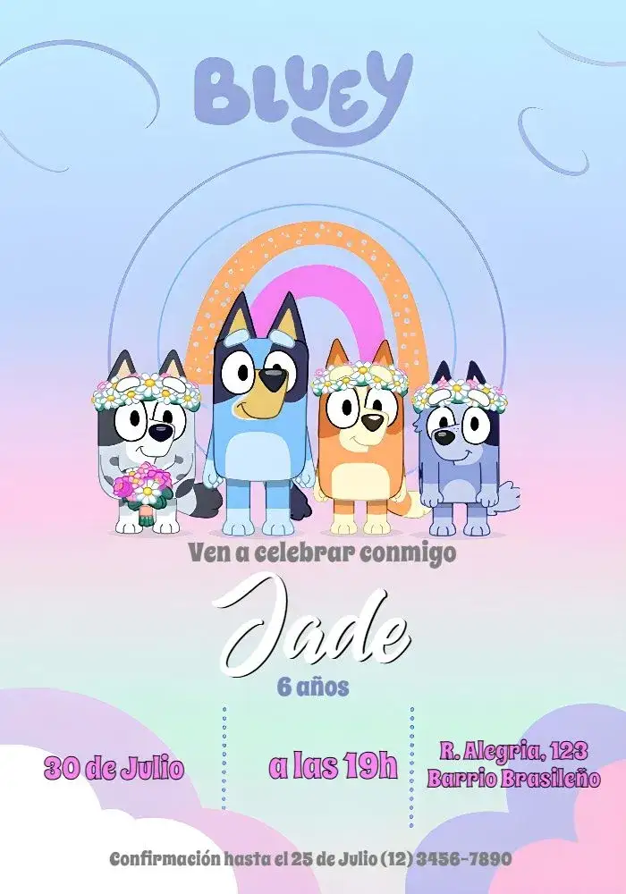Invitación Bluey Y Bingo Rosa – tema Más buscados colorido, divertido, temático, infantil, moderno