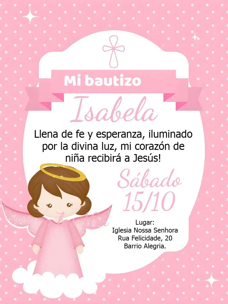 Invitación Bautizo Angelito Blanco – tema Bautismo delicado, moderno, minimalista, blanco y rosa, infantil, espiritual