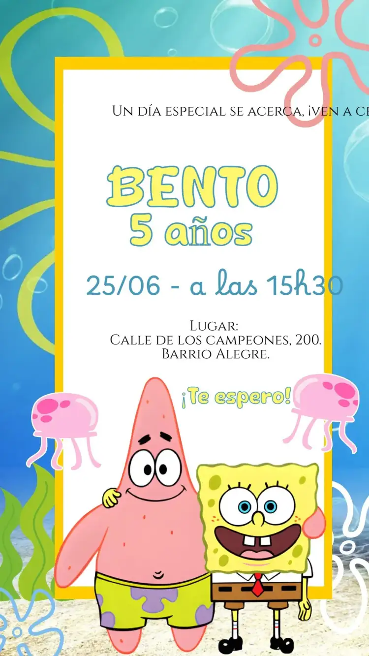 Invitación Invitación digital de Bob Esponja – tema Cumpleaños Infantil fondo marino, colorido, temático, divertido, infantil, animado