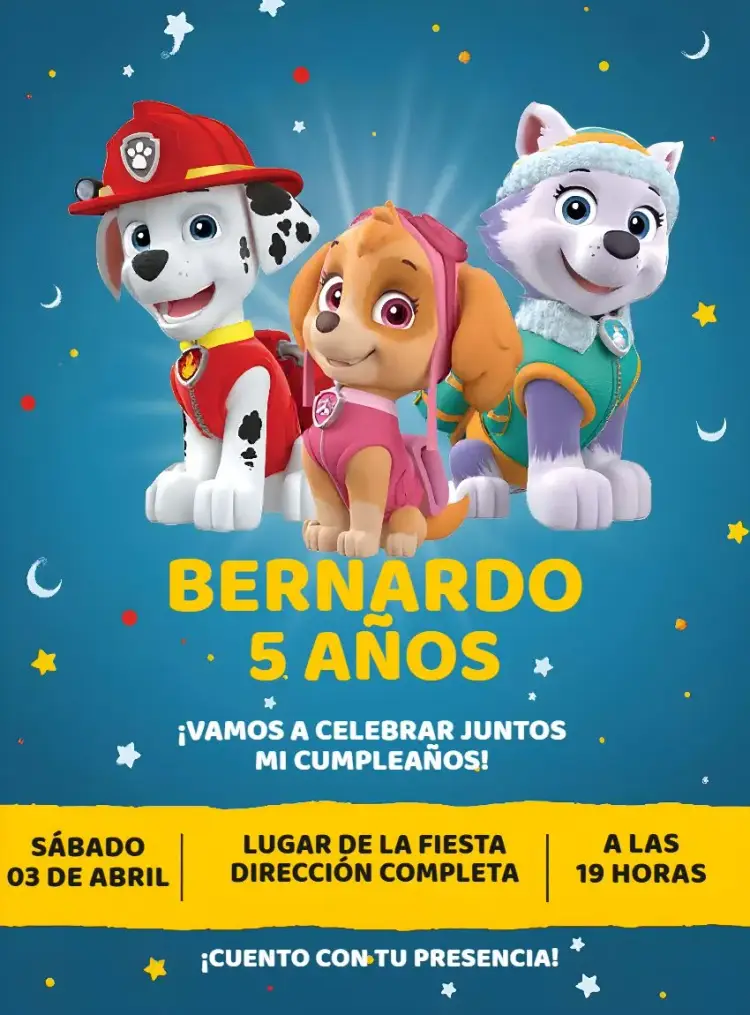 Invitación Patrulla Canina Patrol editable y personalizable