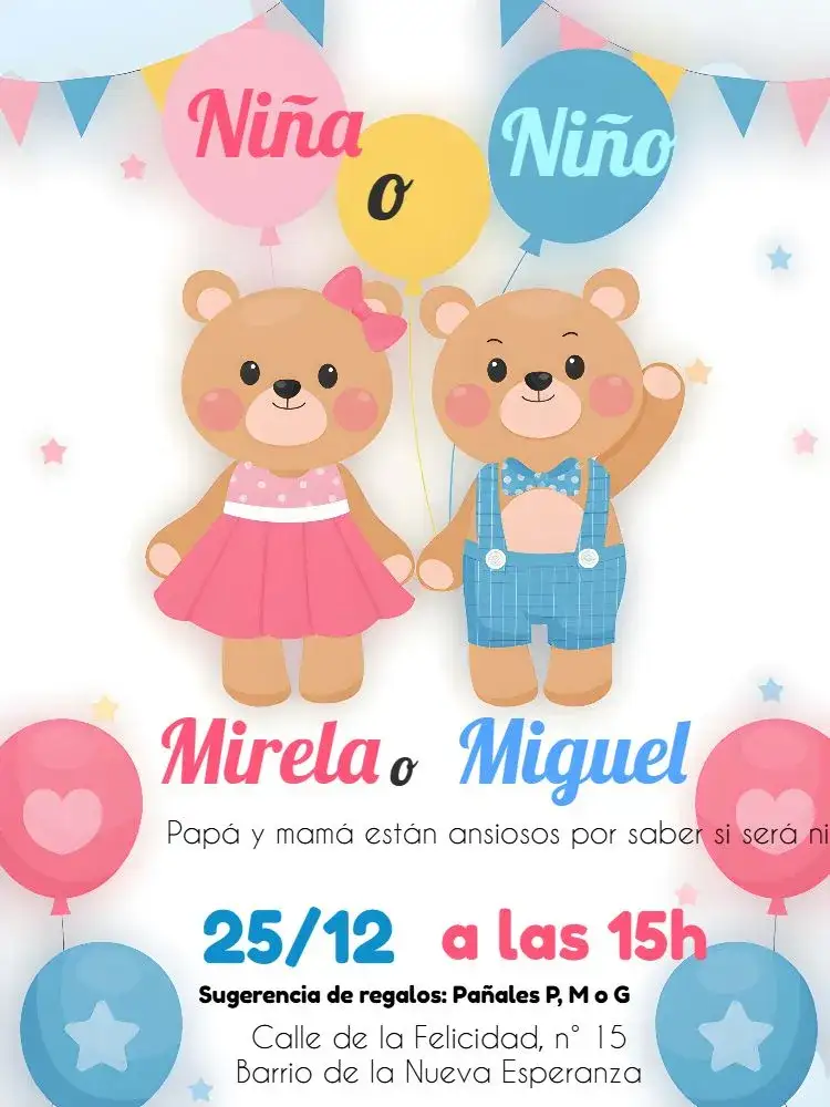 Invitación Baby Shower Ositos Globo – tema Revelación Bebé colorido, lúdico, fofo, moderno, animado