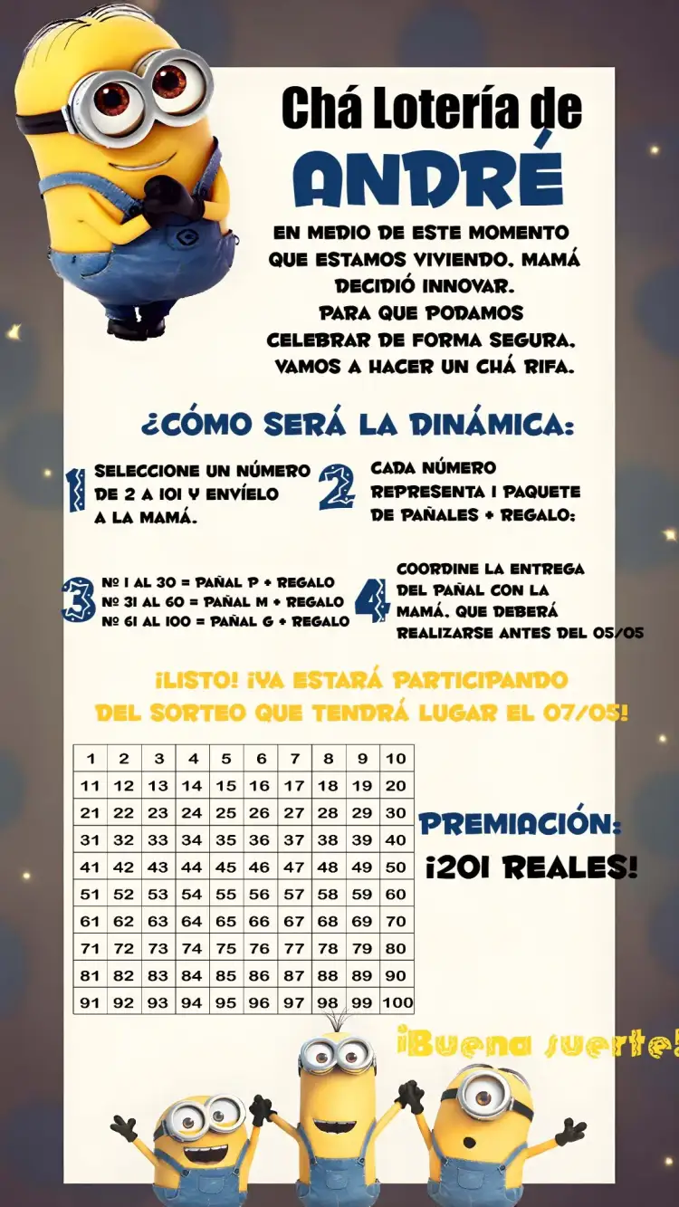 Invitación Chá Rifa Minions Cha – tema Té Rifa divertido, colorido, infantil, temático, moderno
