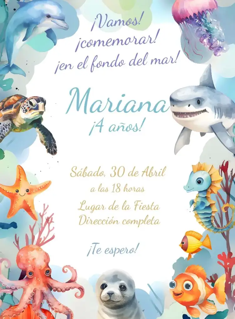 Invitación Fondo Del Mar Niño – tema Cumpleaños Infantil azul marino, colorido, divertido, tropical, infantil