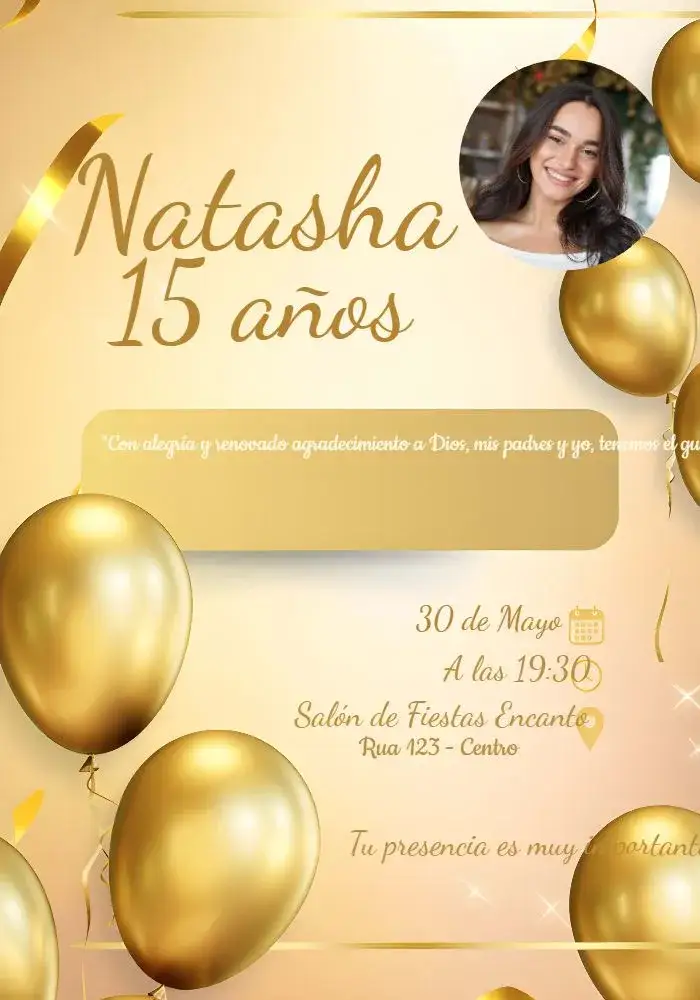 Invitación 15 Años Dorado Con Foto Globos – tema 15 años dorado, delicado, moderno, globos de colores, elegante