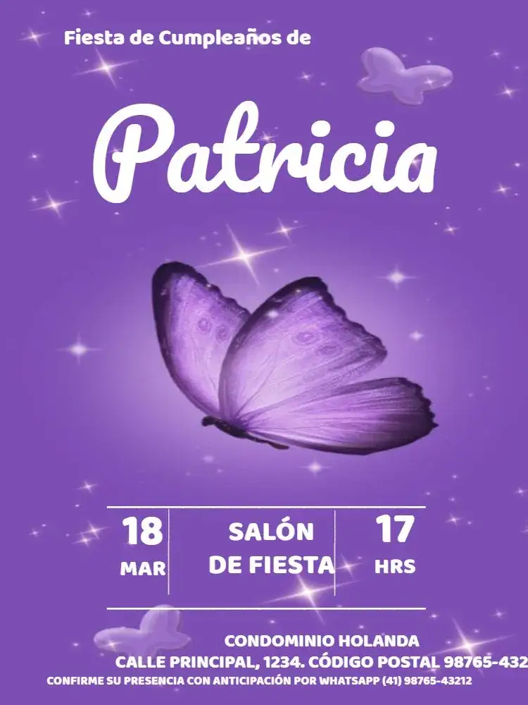 Invitación Mariposa Azul Para Editar Claro – tema Cumpleaños Infantil lúdico, femenino, colores pastel, purpurina, naturaleza, divertido