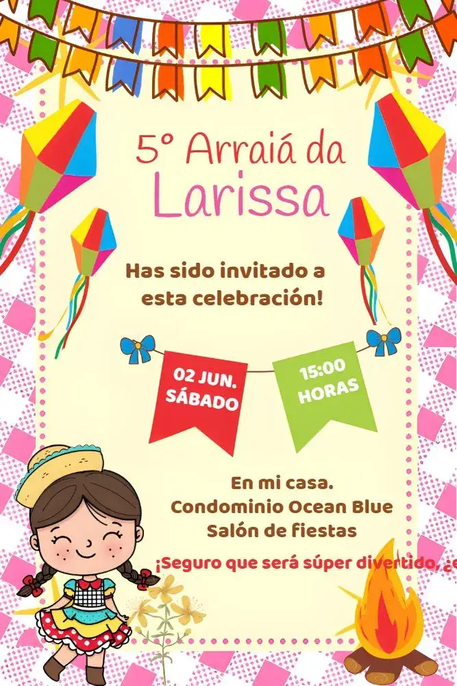 Invitación San Juan Arraiá Niña – tema Fechas Conmemorativas colorido, junino, infantil, divertido, moderno