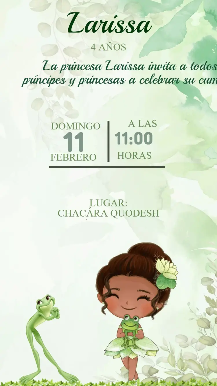 Invitación Cumpleaños Princesa Tiana y el sapo