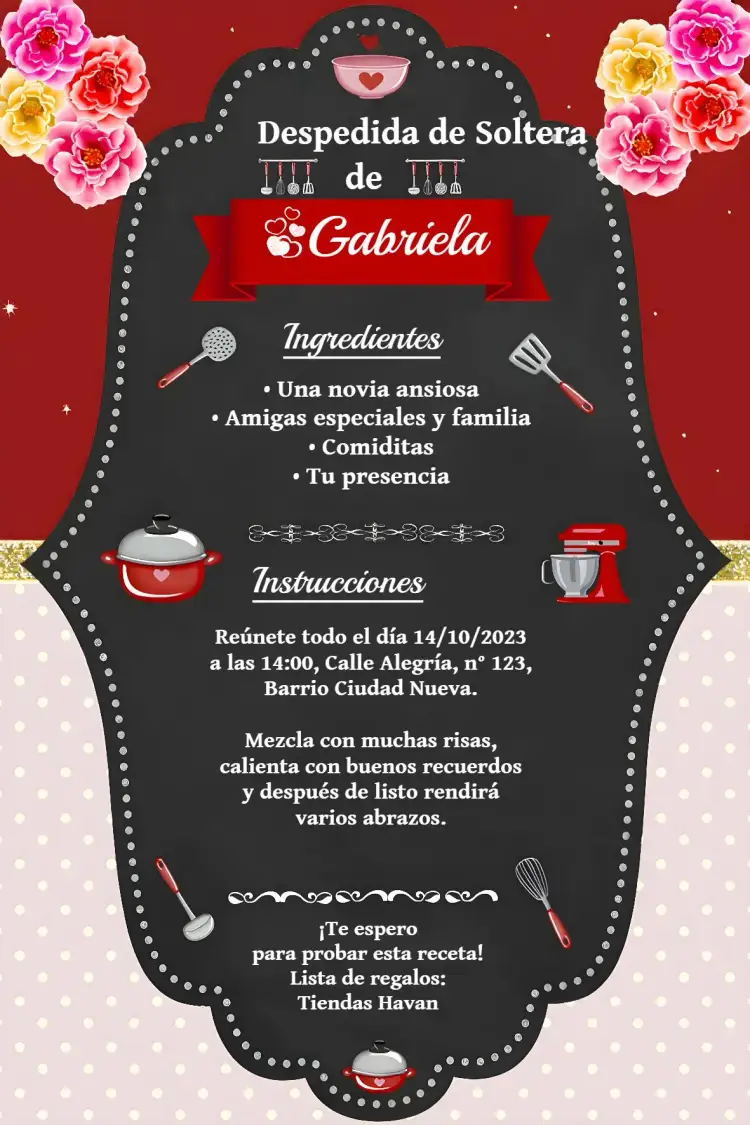 Invitación Despedida De Soltera Poá – tema Despedida de Soltera lunares, rojo, negro, elegante, moderno